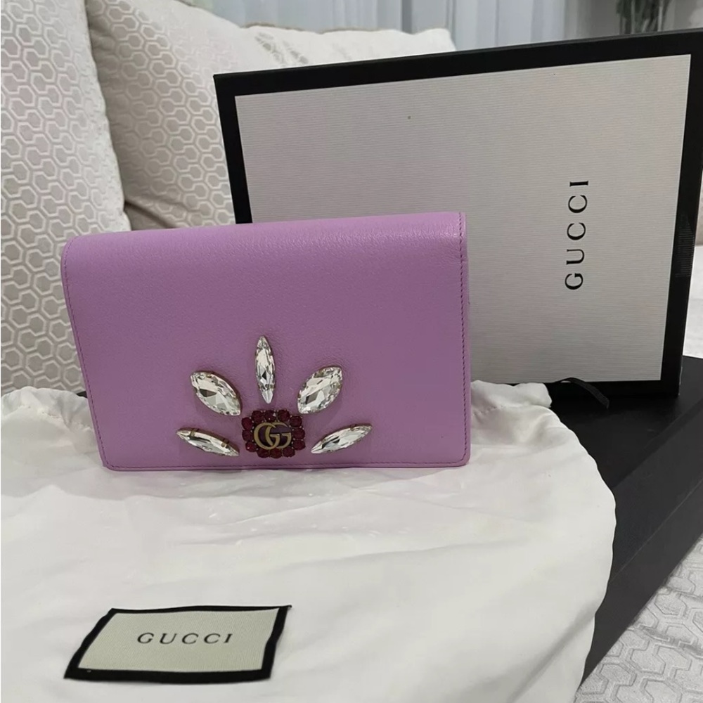 GG Marmont Jewel Bag in Pink Leather With Brushed Gold Chain NIB - Picture 8 of 9